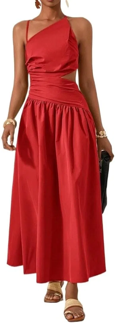 Женское длинное платье на бретельках с вырезами Ruched, Red