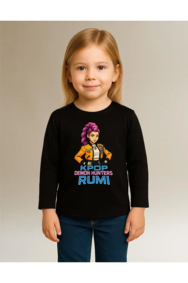 Детские свитшот для девочек с принтом Kpop Demon Hunters Huntrix Rumi Long Sleeve Printed Girls' T-Shirt Mixxi Fashion, Black — фото 3