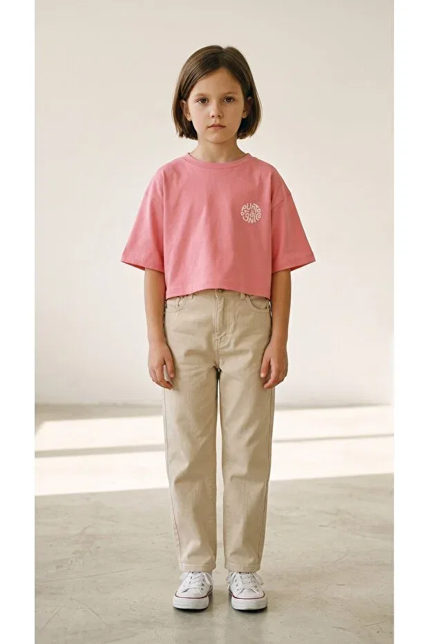 Детская футболка для девочек с принтом Oversize Crop T-Shirt Poozkids, Pink — фото 4