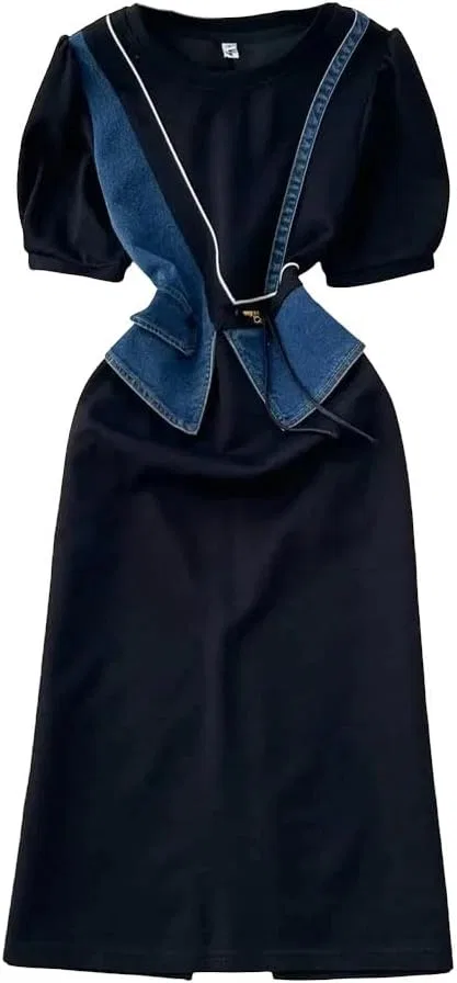 Женское джинсовое платье с пачворком Crewneck Puff Sleeve, Black