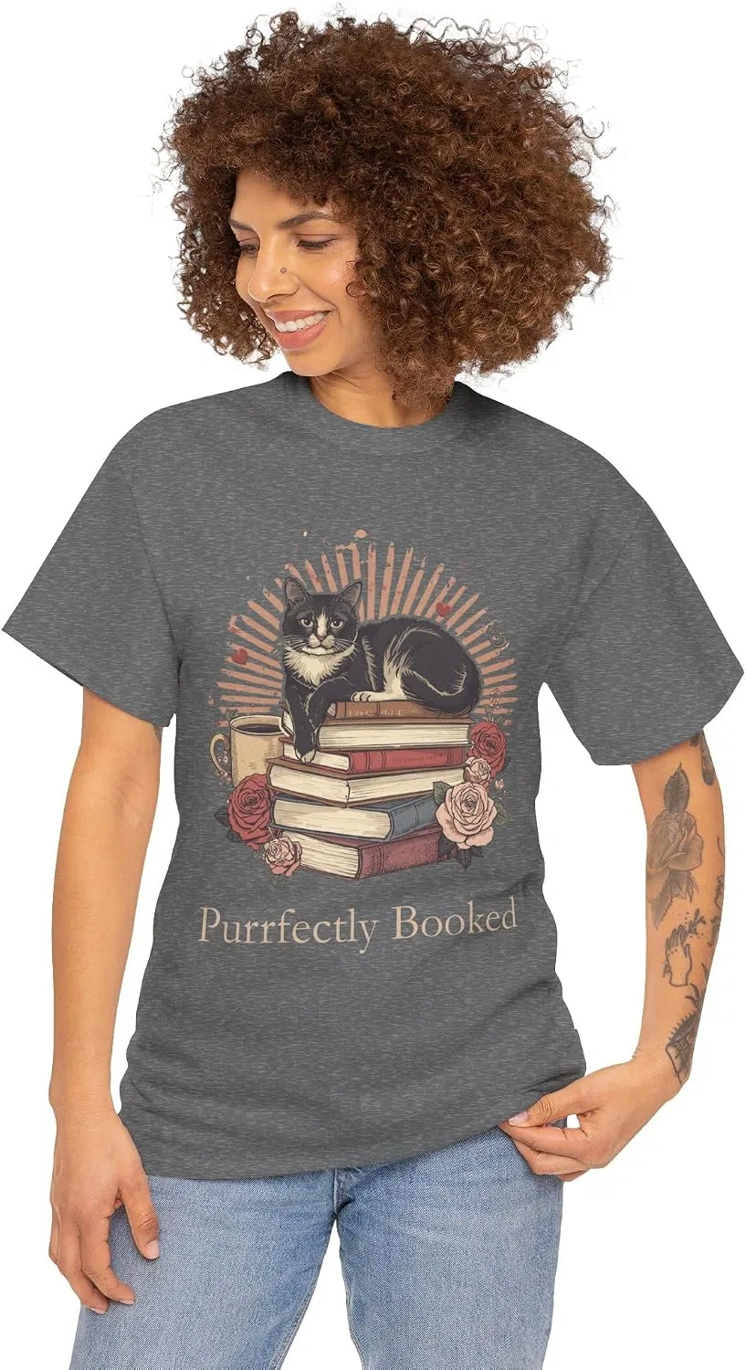 Мужская футболка с принтом Purrfectly Booked Cat Stack of Books, Tweed — фото 2