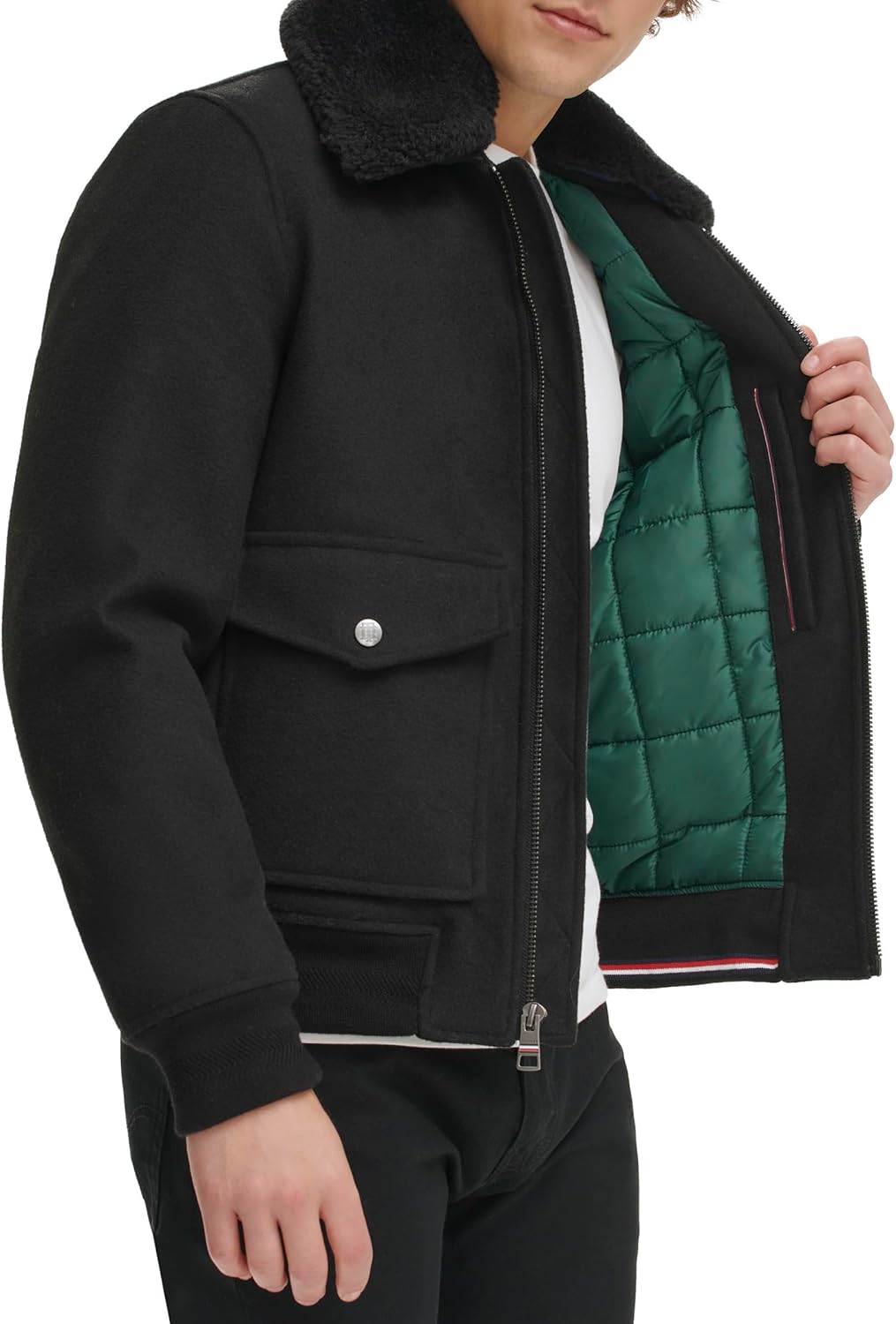 Мужская куртка-бомбер Tommy Hilfiger из смеси шерсти и искусственного меха с воротником, Black — фото 2