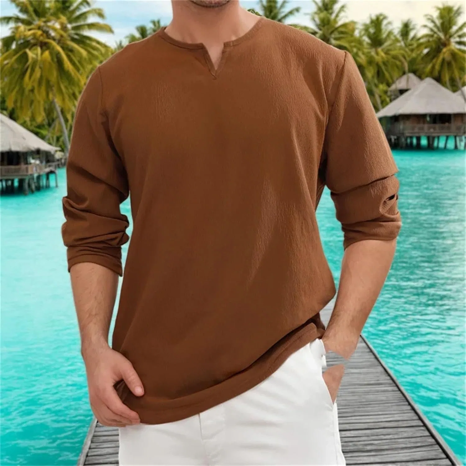 Мужская футболка с V-образным вырезом Solid Color Long-Sleeve T-Shirt, Matcha Color — фото 3