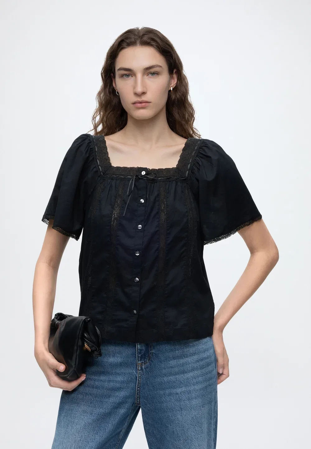 Кружевная женская блузка с квадратным вырезом Gap, Black — фото 4