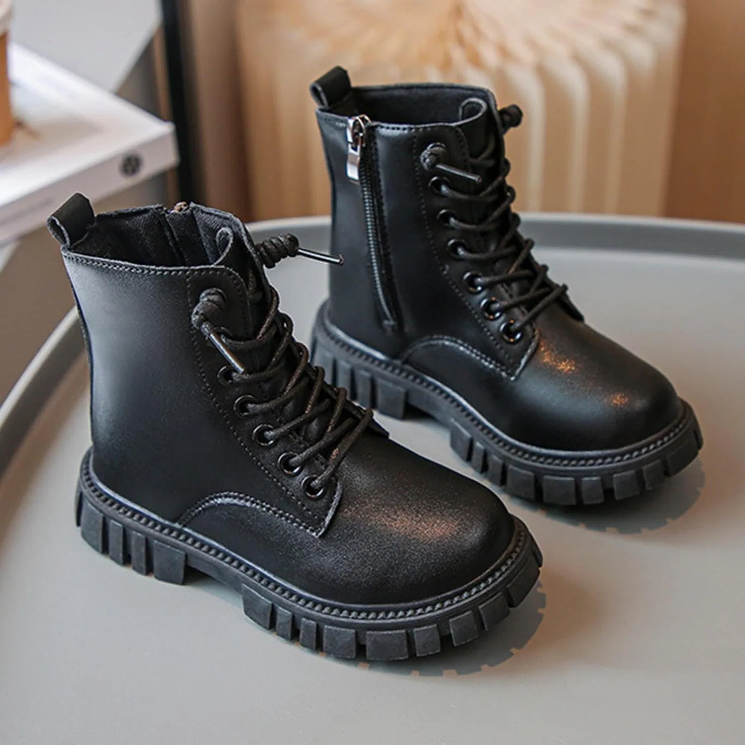 Детские ботинки для девочек на молнии и шнуровке с принтом, модель Girls Ankle Boots, Black — фото 4