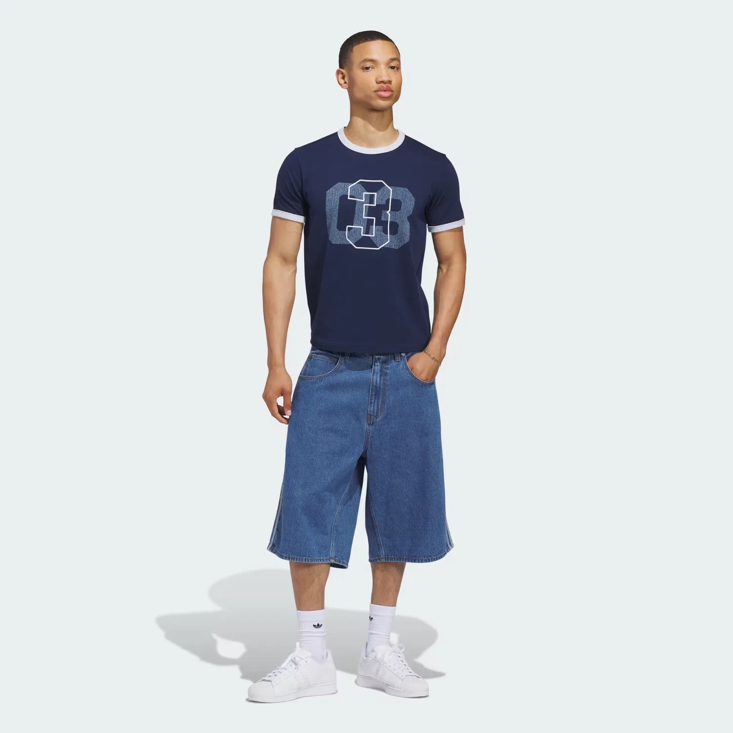 Мужская футболка с принтом Trefoil Ringer Tee Adidas Originals, темно-синий — фото 3