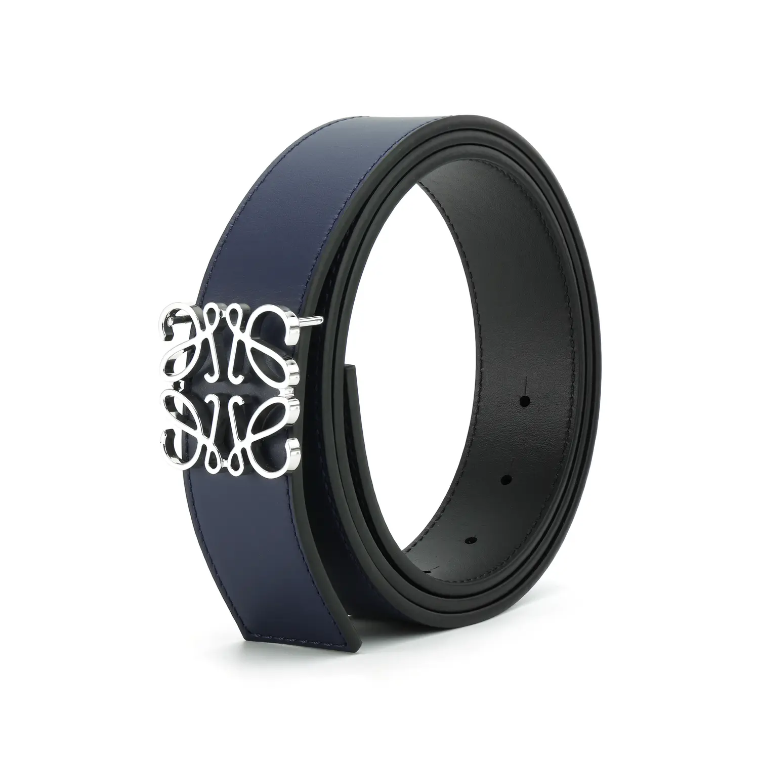 LOEWE Кожаный ремень из коровьей кожи мужской синий черный серебро 3.5 см, Blue Black Silver — фото 4