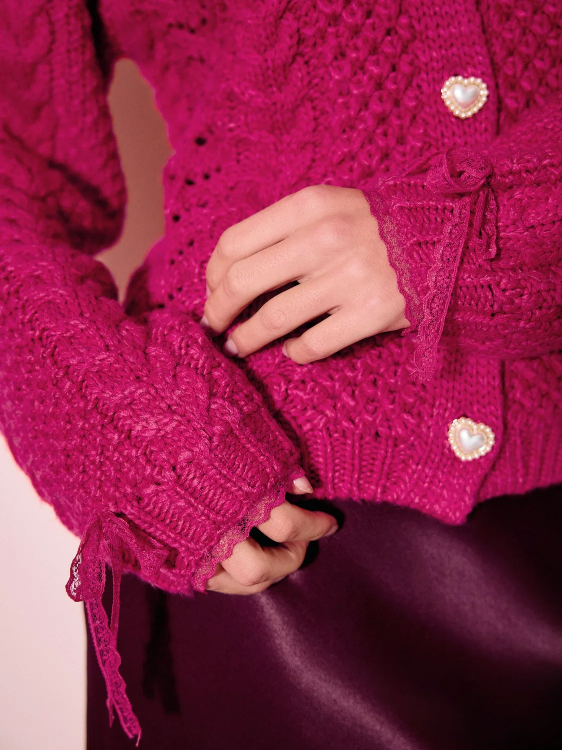 Кардиган с кружевной отделкой и косами, Cable Knit Lace Trim Cardigan Next, ярко-розовый — фото 4
