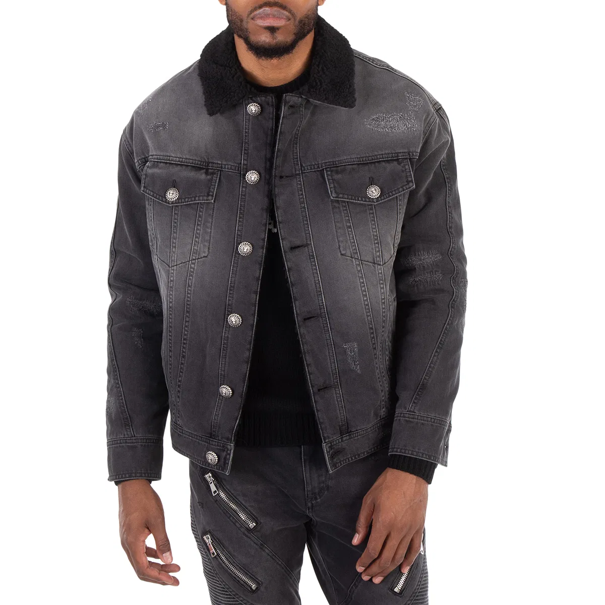 Джинсовая куртка с эффектом потертости и овчинной подкладкой Shearling-Lining Denim Jacket Balmain, Noir Delave