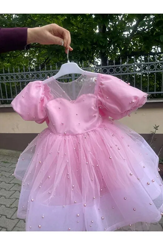 Детское платье для девочек с коротким рукавом Pink beaded balloon sleeve girl's evening dress Sayuker Shop, Pink — фото 4