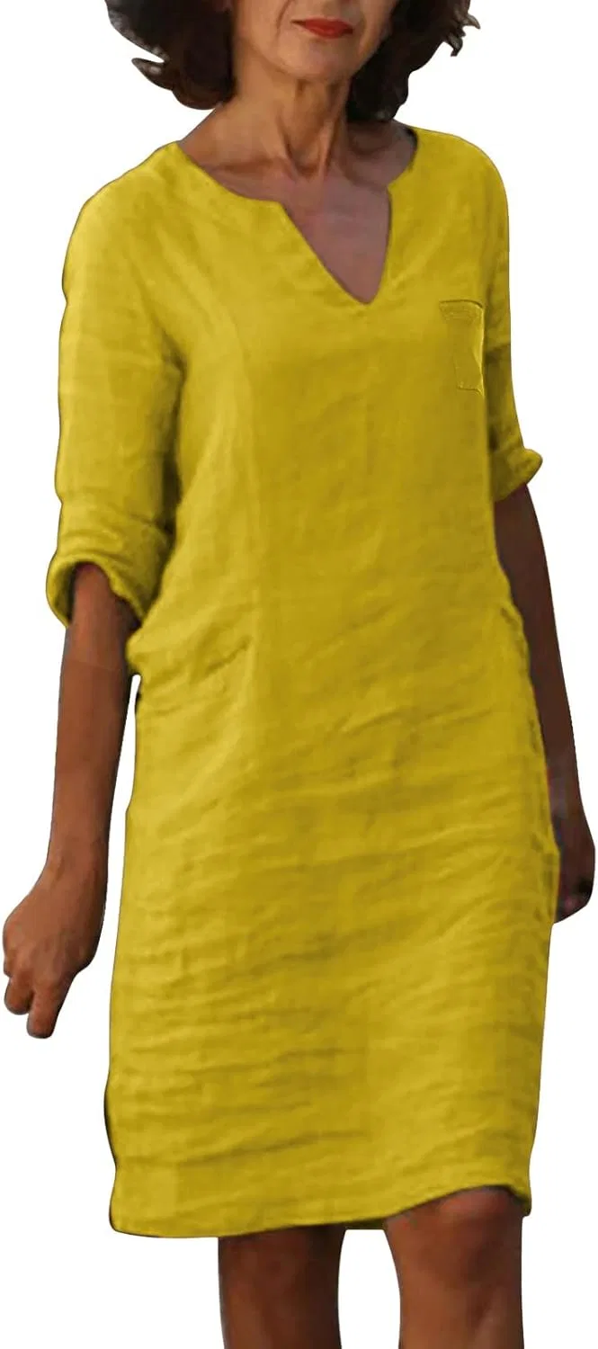 Женское мини-платье с V-образным вырезом и коротким рукавом из льна, Yellow