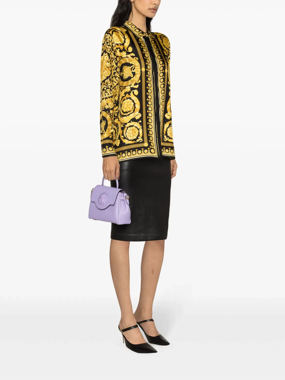 Шелковая рубашка с барочным принтом Versace, черный — фото 3