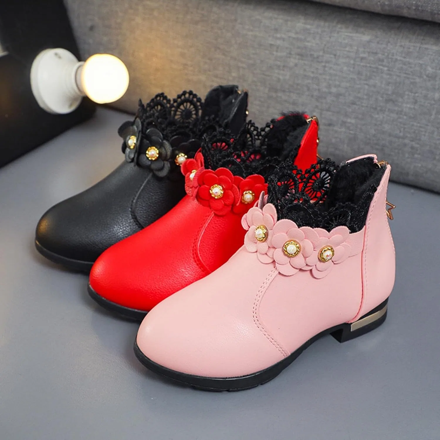 Детские ботинки для девочек с принтом 3D-цветка Big Kids Girls Fashion Boots Plush Low Tube 3D Flower Faux Fur Lined Leather Boots Winter Ankle Shoes Ballet, Pink — фото 4