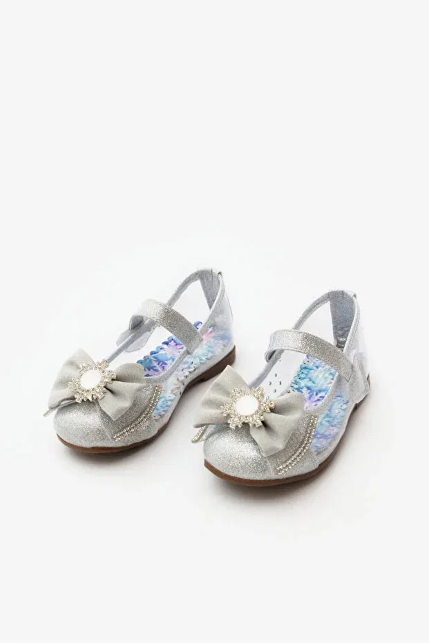 Детские балетки для девочек с бантом Silver Transparent Snowflake Bow Le Mabelle, Silver