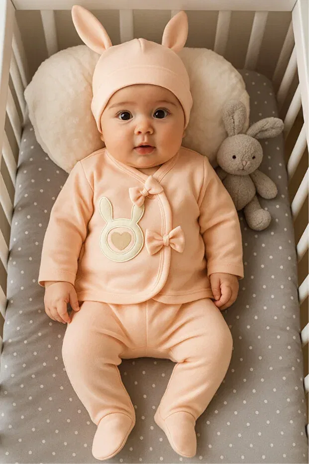 Детский комбинезон для новорожденных с принтом Organic baby girl rabbit patterned 5-piece jumpsuit hospital release newborn outfit baby bib Bamoola For Babies, Beige Rabbit