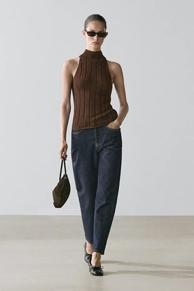 Женский топ-халтер хлопковый без рукавов Massimo Dutti, Chocolate Brown