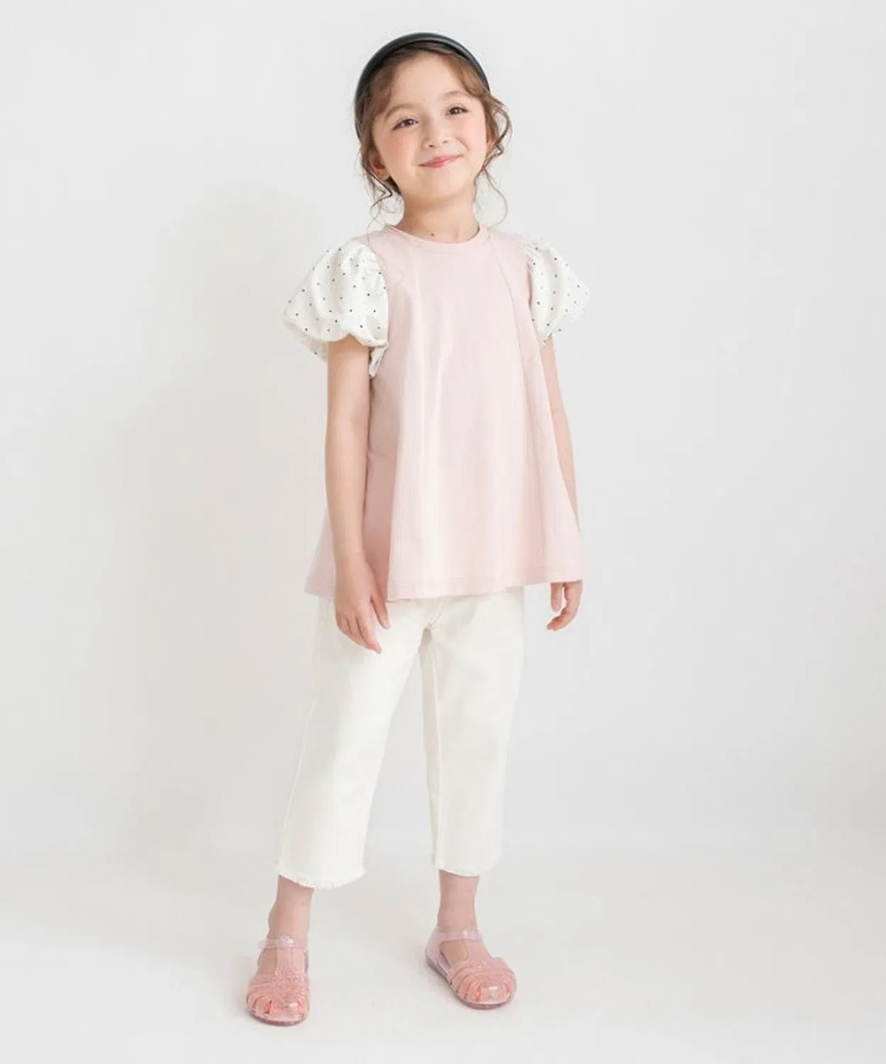 Детская туника-трапеция с рукавом-фонариком из разных материалов, модель Balloon Tunic, branshes, Pink — фото 3