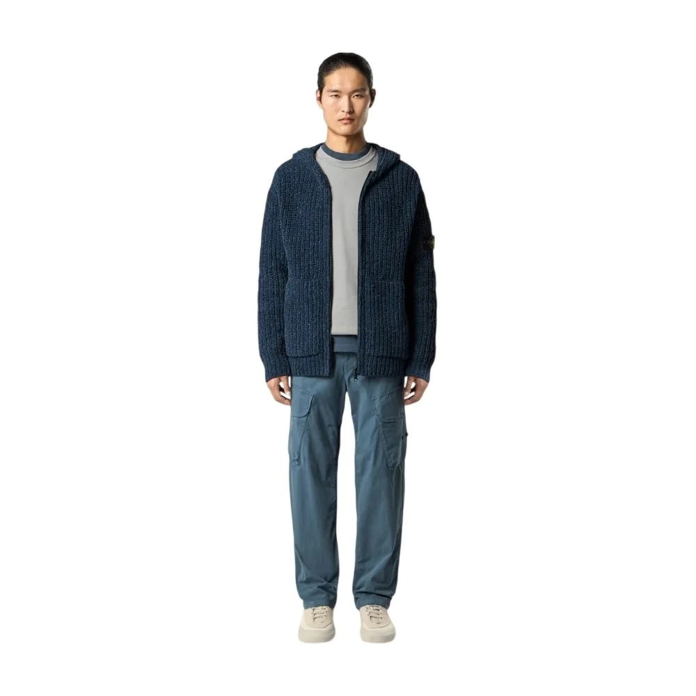 Мужской вязаный свитер Stone Island Loose-fit Zip-up With Pockets, стальной синий меланж