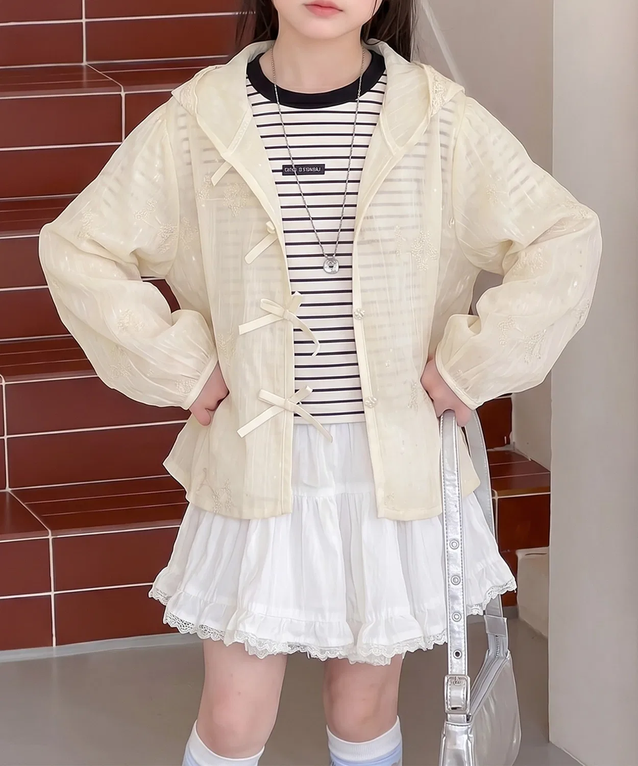 Детская рашгарда-парка с кружевом и лентой aimoha, Light Beige
