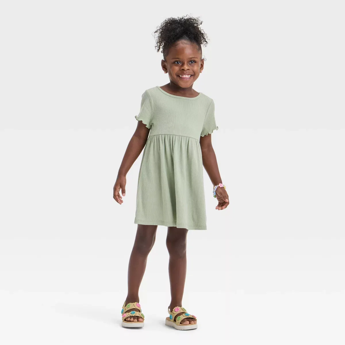 Детское платье для девочек ребристое с коротким рукавом INFANT/TODDLER GIRL, Olive Green — фото 3