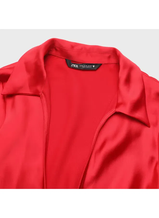 Блузка с завязками на груди с длинным рукавом Zara, красная — фото 4