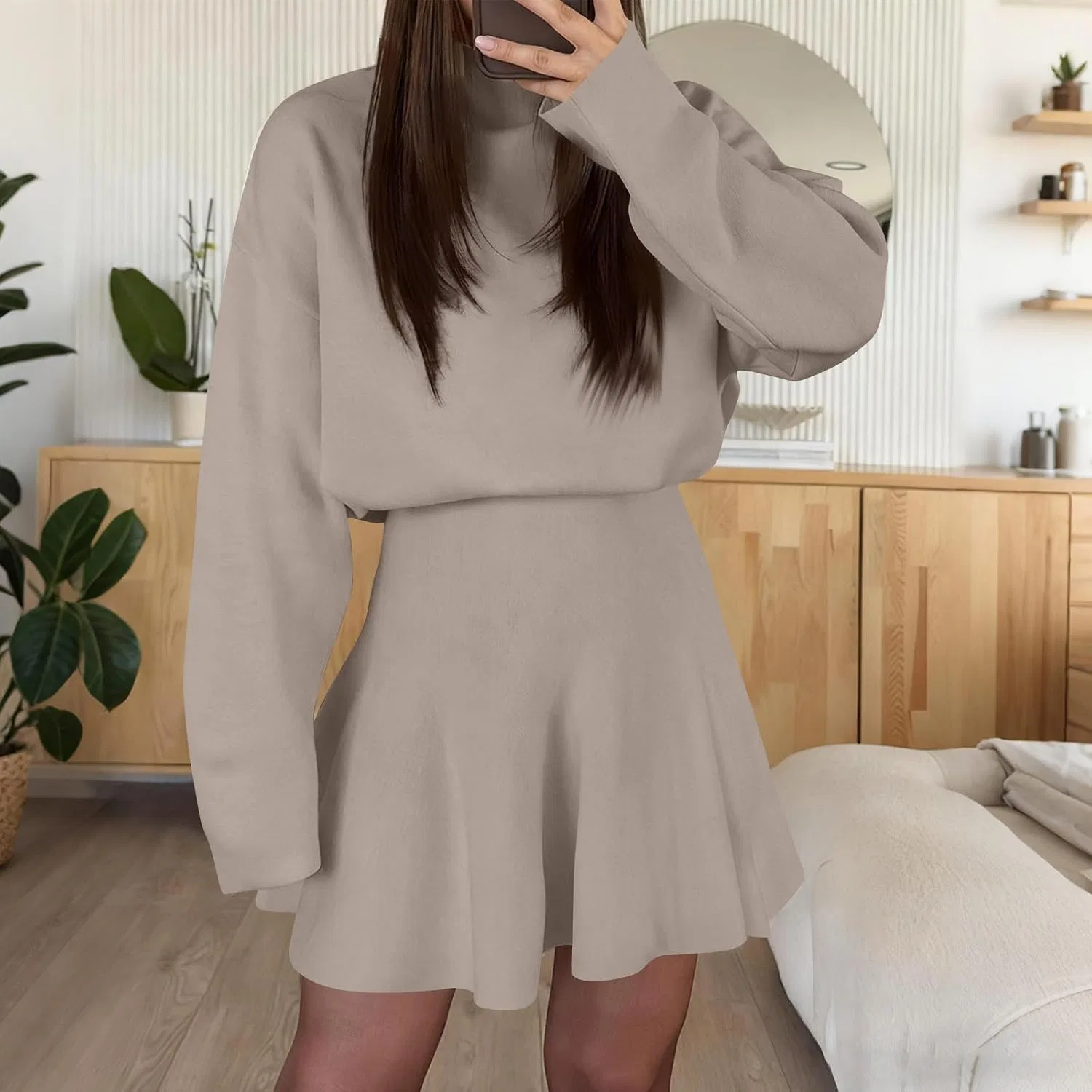 Повседневное мини-платье А-силуэта с длинным рукавом, Khaki — фото 2