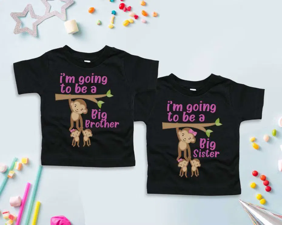 Футболка детская с принтом обезьянки Big Brother or Big Sister Matching Family Outfits, черный