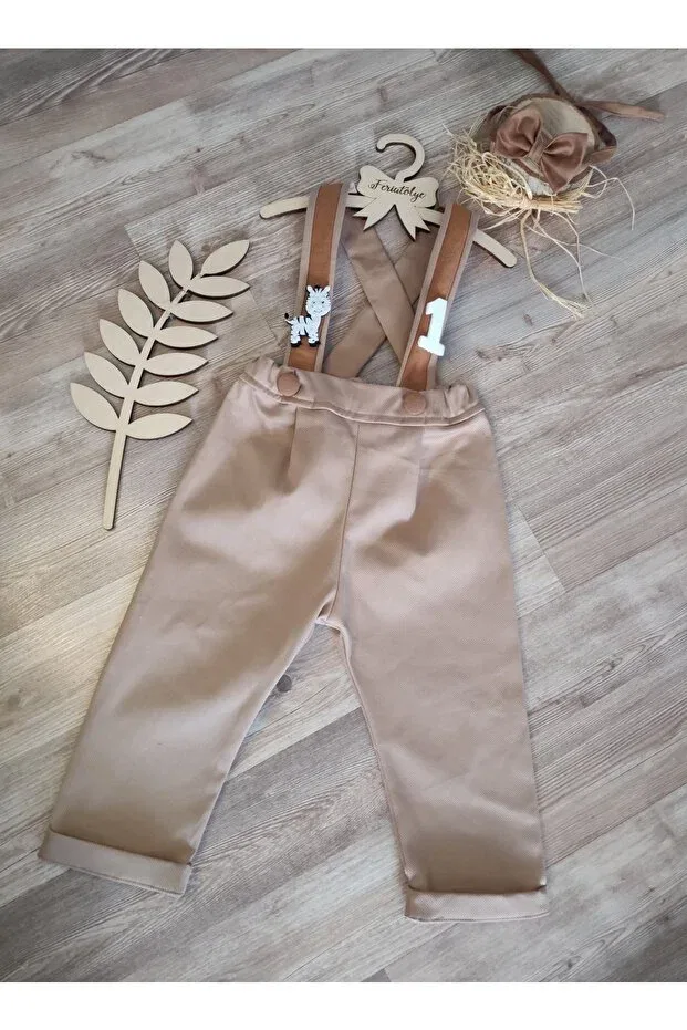 Детский комбинезон для мальчиков хлопковый Camel Tan Baby Boy Salopet Safari Concept 1st Year Birthday Outfit with Zebra Figure Feriatolye, Camel
