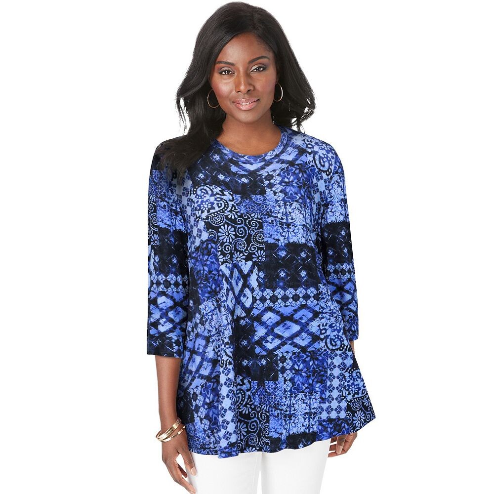 

Женская свободная туника эластичного трикотажа Jessica London больших размеров, цвет Blue Patchwork