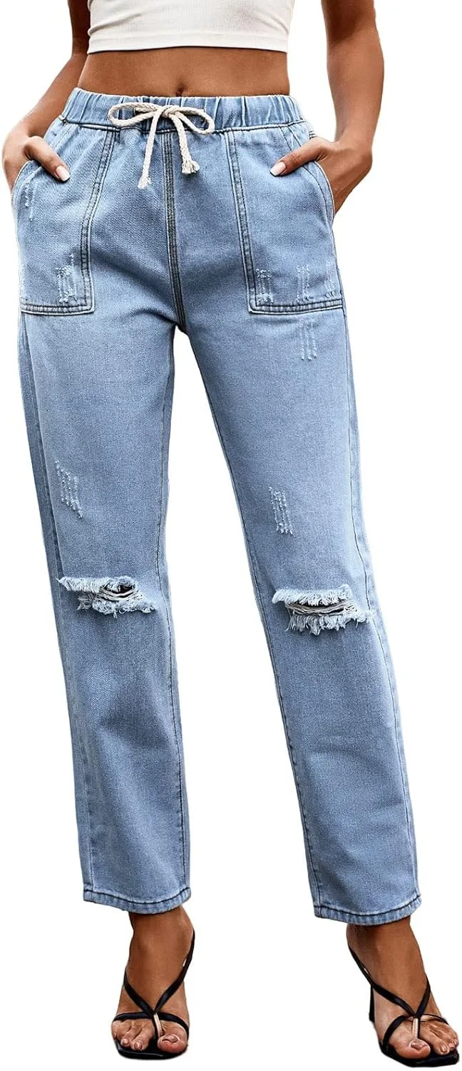 

JOFOW джинсовые брюки с завязками и рваным эффектом