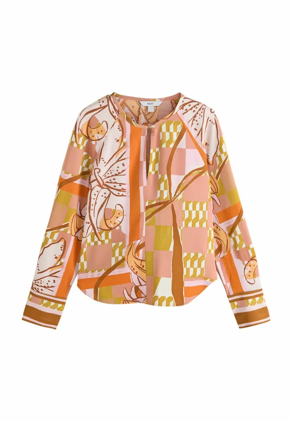 Блузка прямого кроя с длинными рукавами и V-образным вырезом Next, Orange Pink Abstract Floral Print