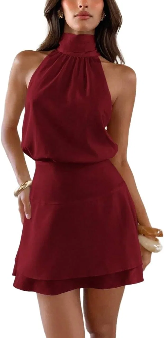 Женское элегантное мини-платье A-силуэта Halter Neck, Burgundy