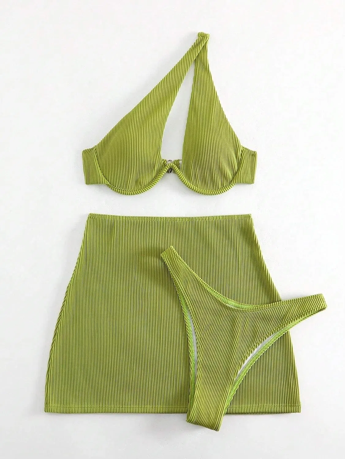 Женский купальный костюм с высокой талией с вырезами, 3-piece set, Lime Green — фото 4