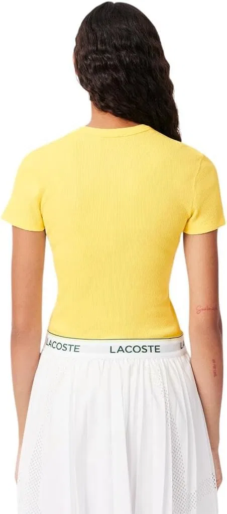 Женская хлопковая футболка Lacoste приталенного кроя, вышитый крокодил, белый — фото 2