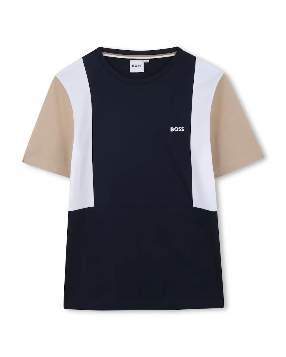 

Футболка мальчика из хлопка в стиле колор-блок BOSS Kidswear, чёрный
