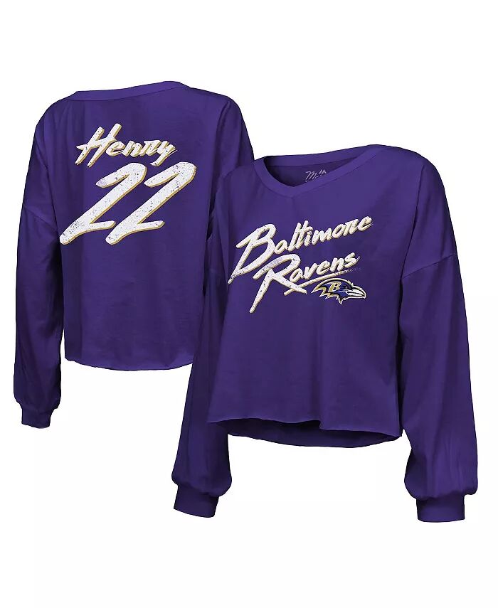 

Женская футболка Derrick Henry Purple Baltimore Ravens с именем и номером, открытыми плечами, укороченная, с длинным рукавом и V-образным вырезом Majestic