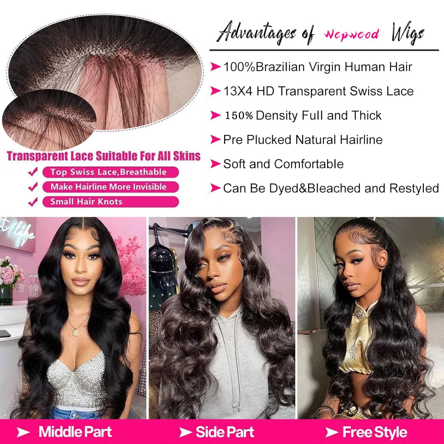 Парик из натуральных волос 13x4 HD Lace Front Body Wave Wepwcod, Body-Natural Colour — фото 4