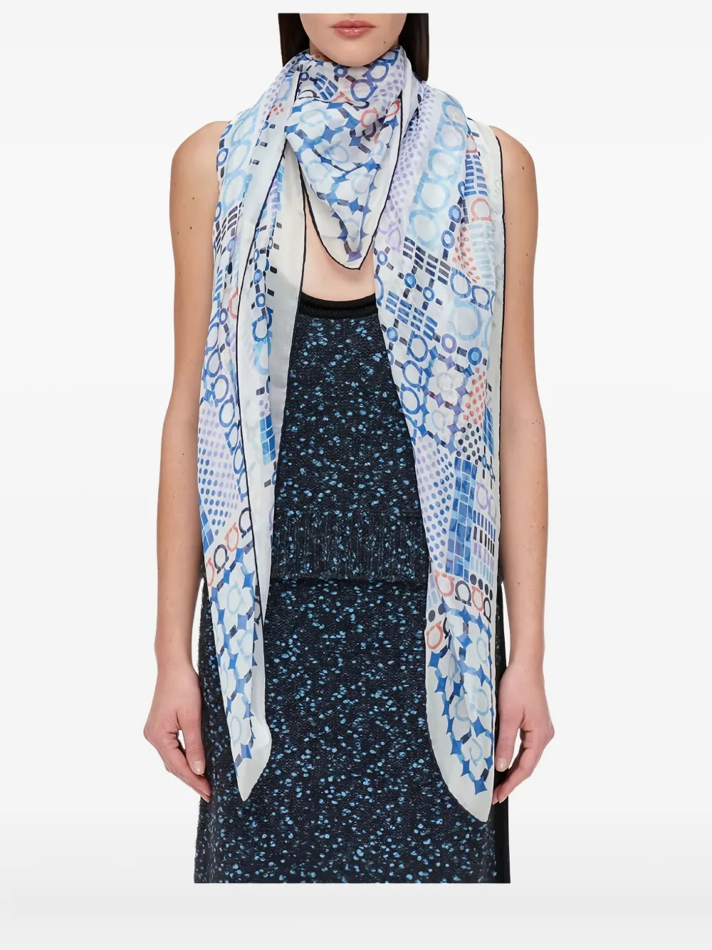 

Шелковый шарф с геометрическим принтом Ferragamo, синий