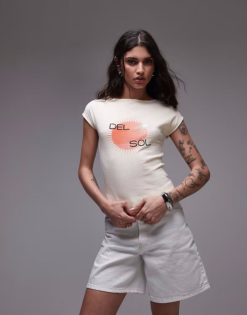 

Футболка Topshop с графическим принтом Del Sol и вырезом-лодочкой желтого цвета
