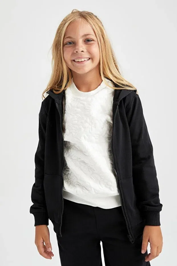 Детский кардиган для девочек с капюшоном Defacto, Black-Bk27 — фото 3