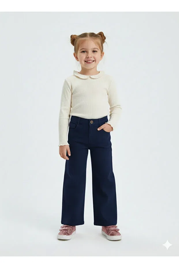 Детские брюки для девочек широкие с завышенной талией Rois, Navy Blue