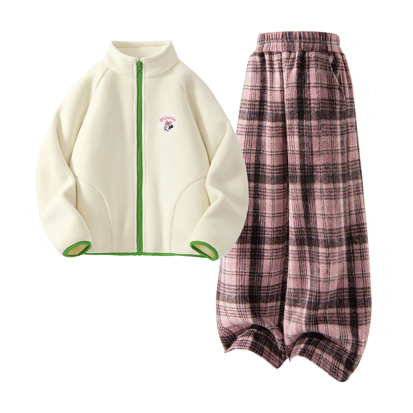 

Детская повседневная спортивная одежда Disney, [Thickened And Fleece-Lined]Dini Medium Round Hook-And-Loop K Light Milk White+Solid Color Pink Plaid