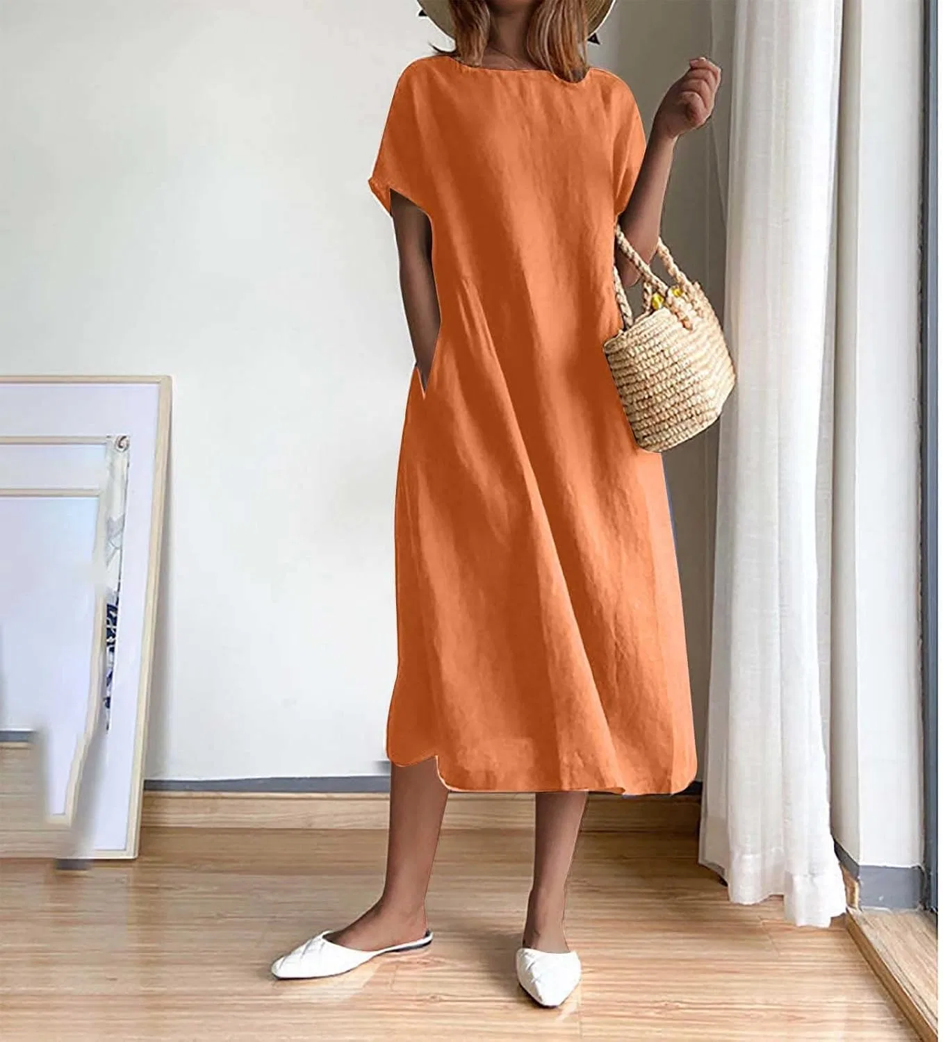 Платье-миди свободное из хлопка и льна, Orange — фото 3
