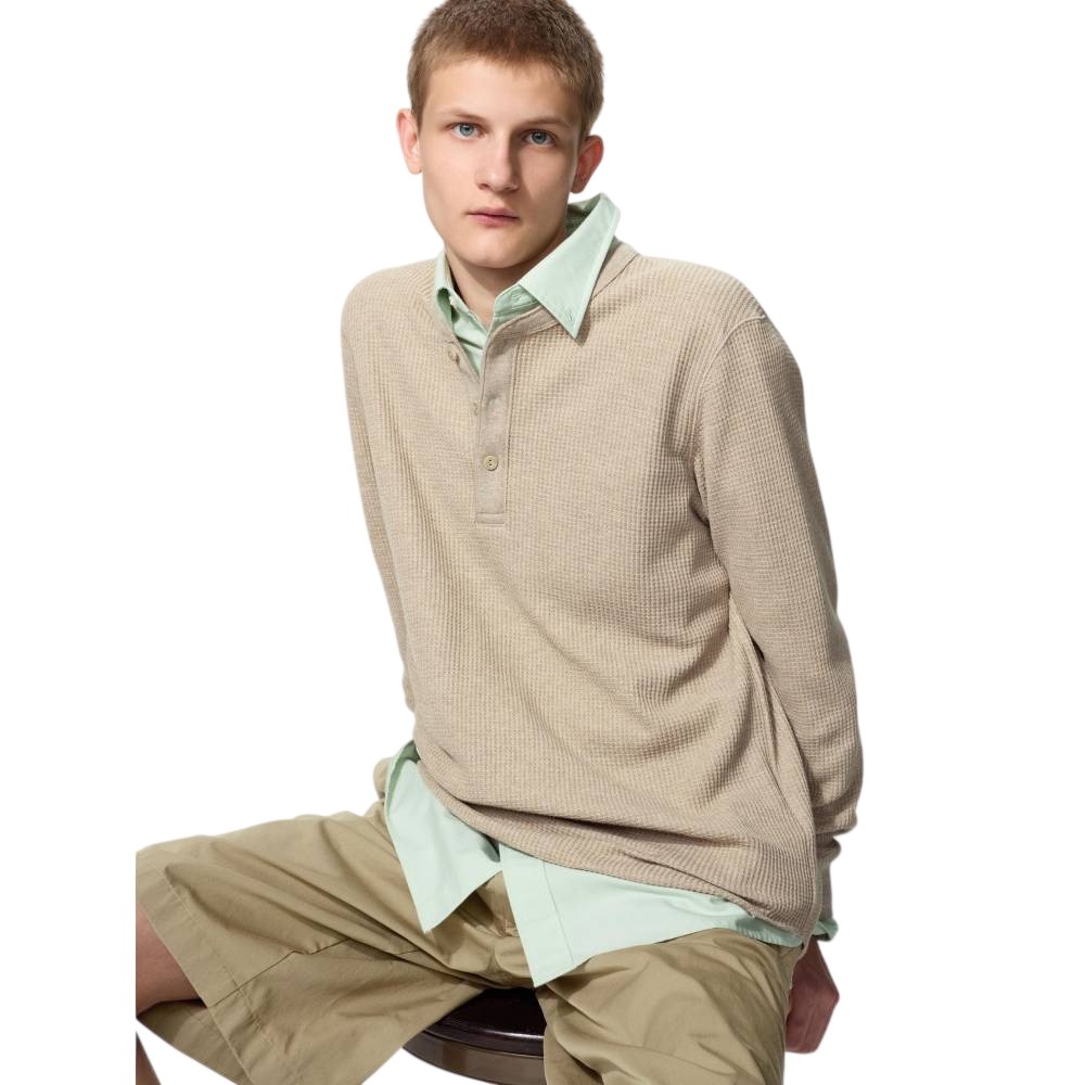 Лонгслив Uniqlo Waffle Henley Neck T-Shirt Unisex, 32 бежевый