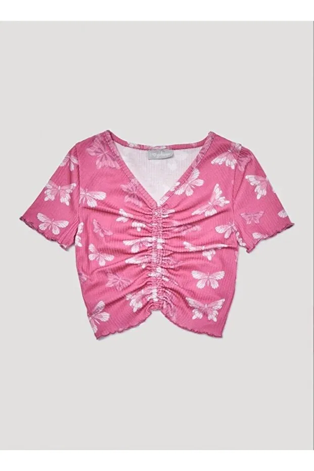 Детский укороченное топ для девочек с принтом Girl'S butterfly print crop, Kübra Tekstil, Pink