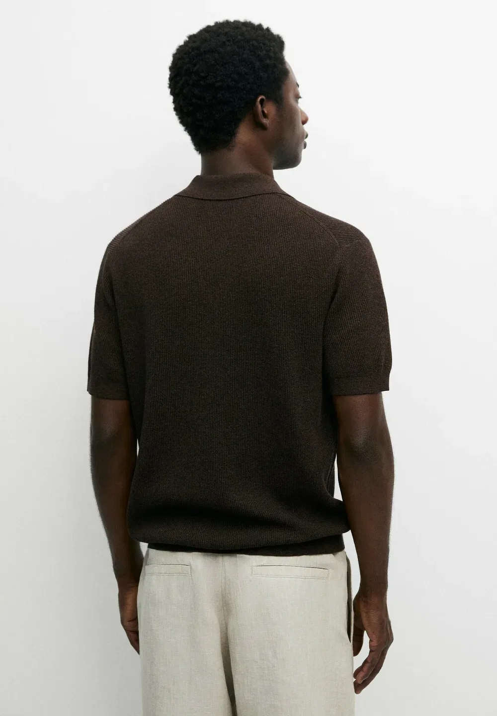 Вязаный поло-свитер из смесовой хлопковой ткани - рубашка поло Massimo Dutti, Dark Brown — фото 3