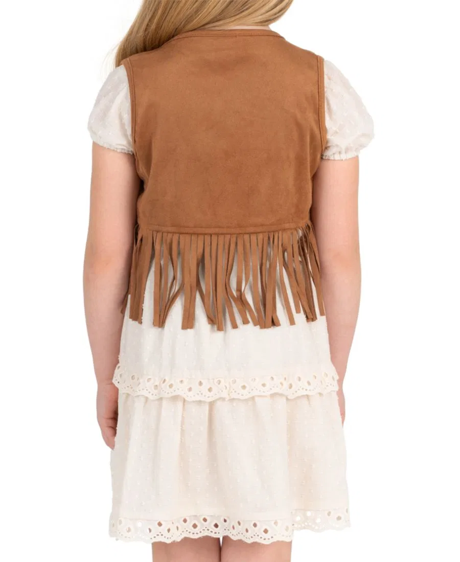 Комплект из платья и жилета с бахромой, модель Suede Fringe Vest and Clip Dot Cotton Puff Sleeve Dress Rare Editions, Ivory — фото 3