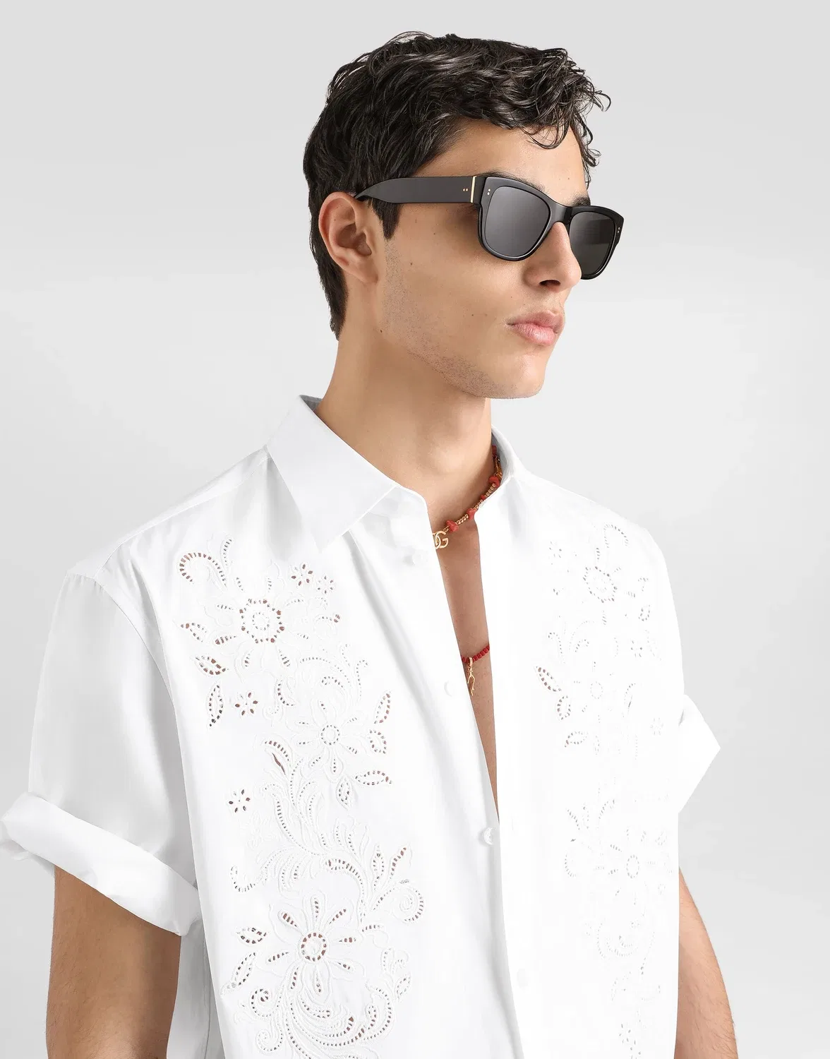 Гавайская поплиновая рубашка с вышивкой-ришелье Dolce & Gabbana, белый — фото 4
