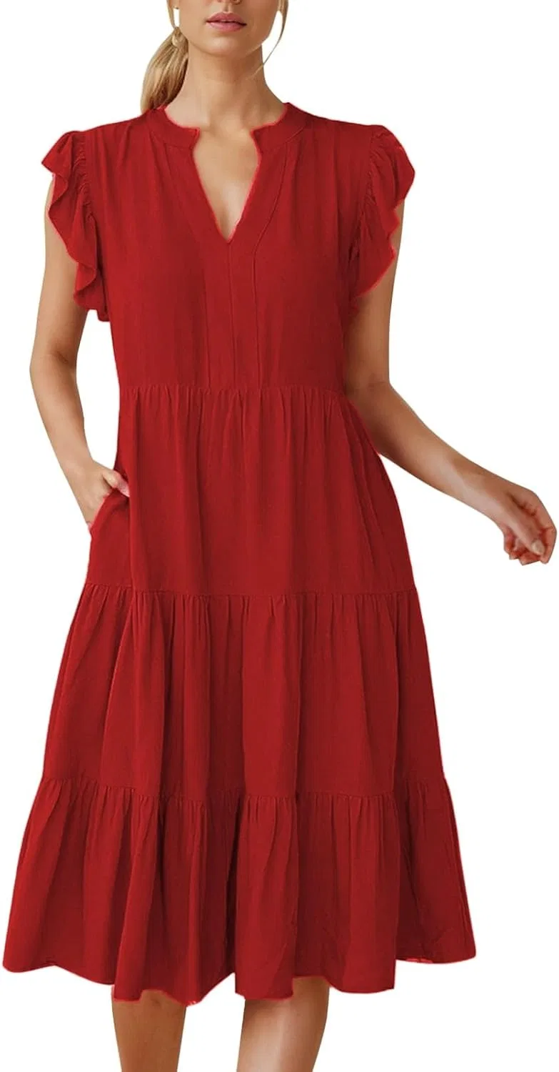 Женское летнее платье миди с воланами A-силуэта, Red