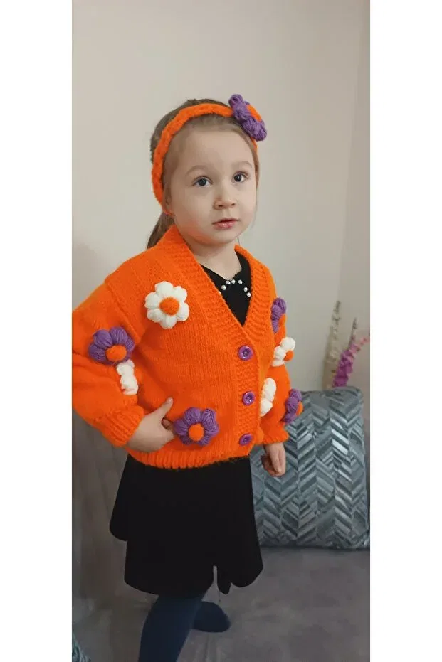 Детский кардиган для девочек с принтом Hand knitted flowery girl's cardigan El Örgüsü Cici Bebe, Orange